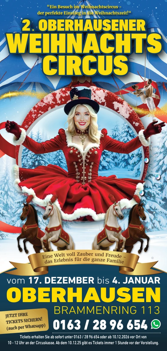Vollständiges Plakat des 2. Oberhausener Weihnachtscircus mit Weihnachtsmotiv, Spielzeit, Adresse und Ticketkontakt